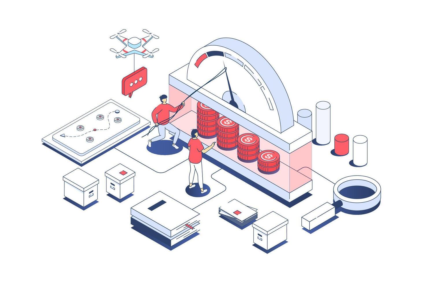 kris förvaltning begrepp i 3d isometrisk design. chef team analyserar hastighetsmätare data, upptäckt återhämtning lösning, lösning problem. vektor illustration med isometri människor scen för webb grafisk