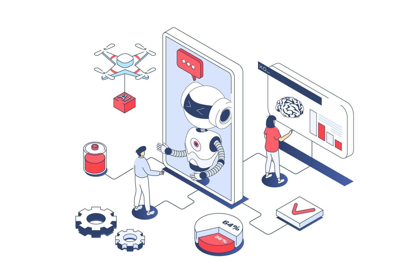 artificiell intelligens begrepp i 3d isometrisk design. ingenjörer arbetssätt med ai robotar, maskin inlärning och programmering digital hjärna. vektor illustration med isometri människor scen för webb grafisk