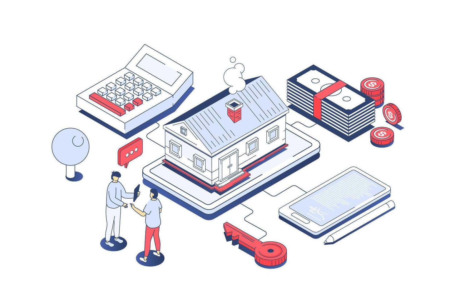 inteckning investering begrepp i 3d isometrisk design. klient uppköp ny Hem och framställning handla med fastighetsmäklare, investera pengar i verklig egendom. vektor illustration med isometri människor scen för webb grafisk