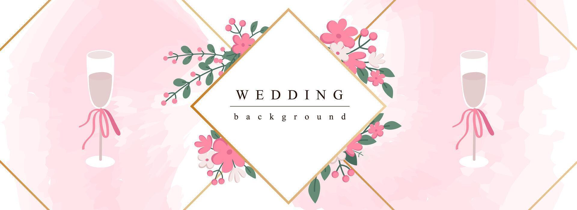 Hochzeit horizontal Netz Banner. romantisch Ehe Einladung mit abstrakt Blühen Blumen, golden Grenze, Champagner Brille. Vektor Illustration zum Header Webseite, Startseite Vorlagen im modern Design