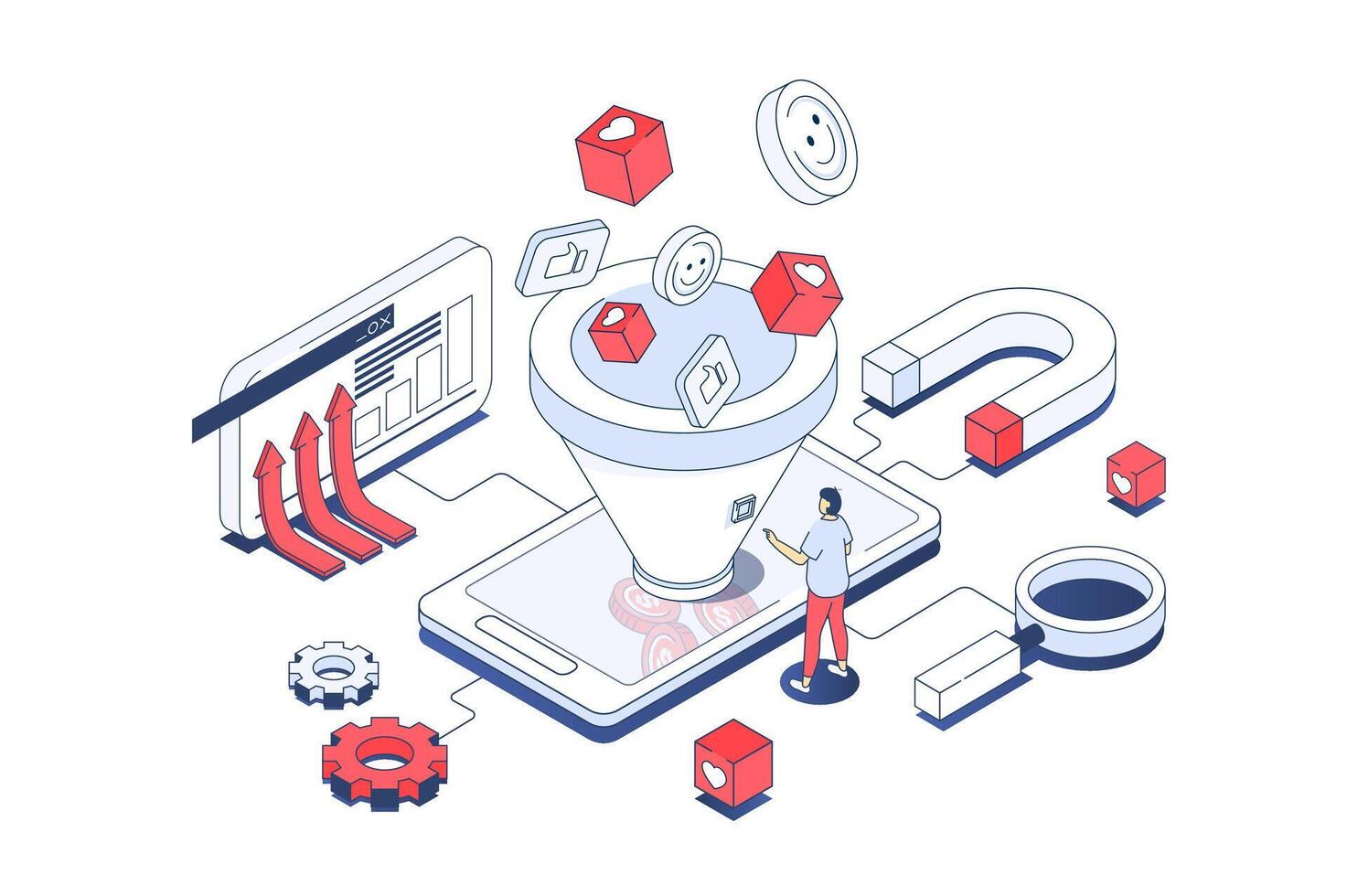 social media tratt begrepp i 3d isometrisk design. marknadsförare lockar ny publik och konvertera, använder sig av leda generationer strategi. vektor illustration med isometri människor scen för webb grafisk