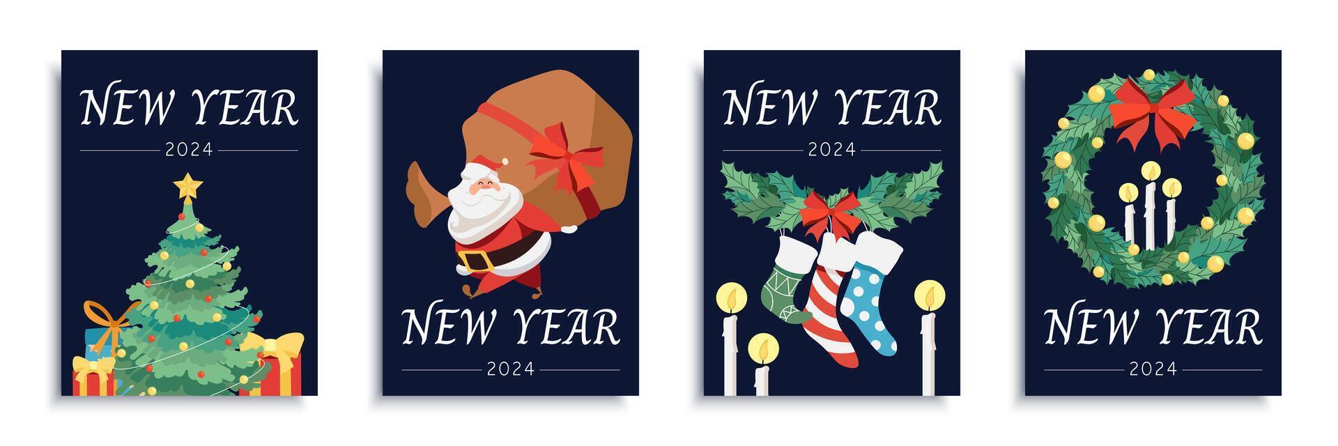 Neu Jahr 2024 Startseite Broschüre einstellen im eben Design. Poster Vorlagen mit Weihnachten Baum und Geschenke, Santa claus mit groß Tasche, Socken und Stechpalme Kranz, Kerzen, andere Urlaub Dekor. Vektor Illustration.