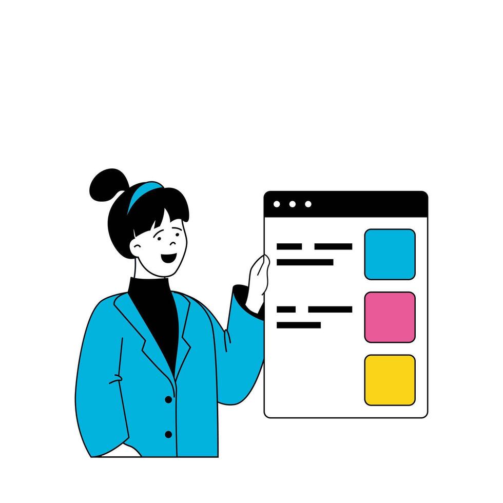 design utveckling begrepp med tecknad serie människor i platt design för webb. kvinna väljer färger palett för layouter och hemsidor. vektor illustration för social media baner, marknadsföring material.