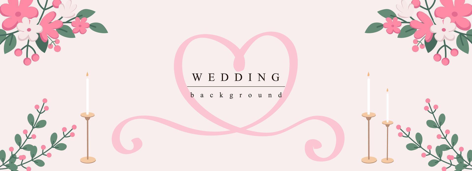 Hochzeit horizontal Netz Banner. abstrakt Blume Blumensträuße, Kerzen mit Herz gestalten Rosa Schleife. Romantik Ehe Einladung. Vektor Illustration zum Header Webseite, Startseite Vorlagen im modern Design