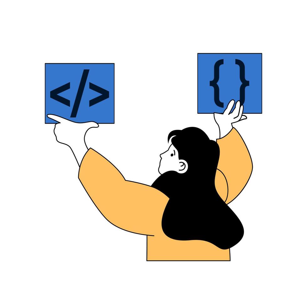 programmering begrepp med tecknad serie människor i platt design för webb. kvinna skapande app koda, skript och algoritmer, testning program. vektor illustration för social media baner, marknadsföring material.