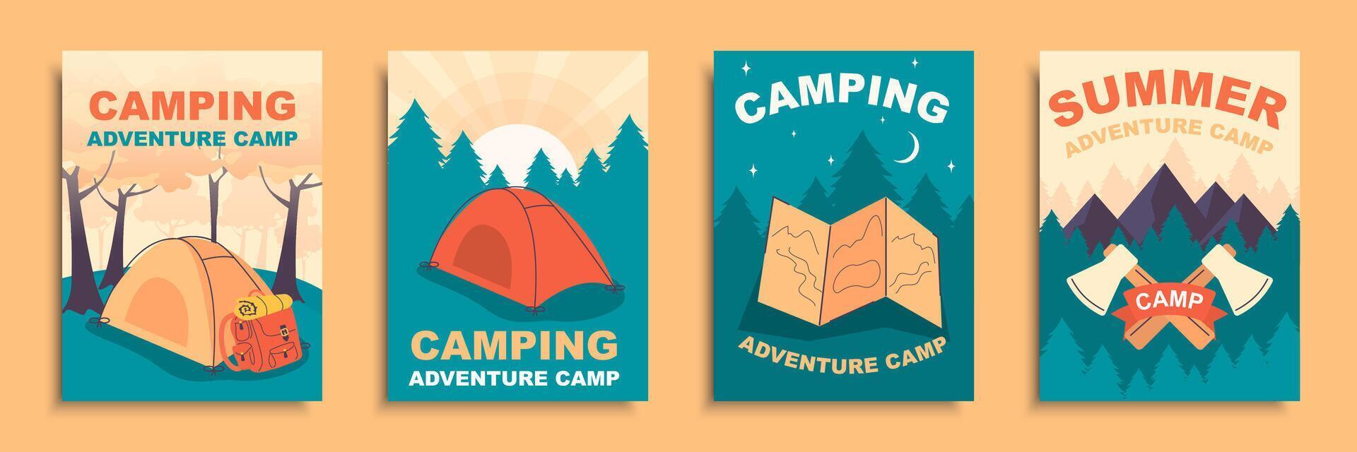 Sommer- Camping Startseite Broschüre einstellen im eben Design. Poster Vorlagen mit Campingplatz Zelt und touristisch Rucksack im Wald, Wandern Route auf Karte, Abenteuer Wochenende im draussen Reise. Vektor Illustration.