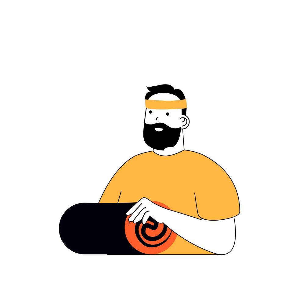 Fitness Konzept mit Karikatur Menschen im eben Design zum Netz. Mann mit Matte tun Yoga Ausbildung und Dehnen trainieren zum Flexibilität. Vektor Illustration zum Sozial Medien Banner, Marketing Material.