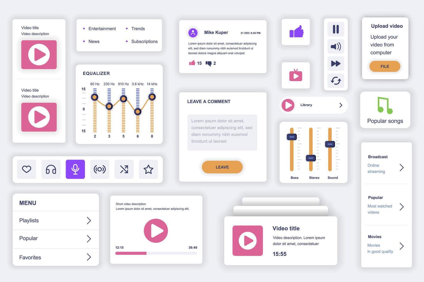 användare gränssnitt element uppsättning för video rör mobil app. utrustning mall med hud diagram, spelare knapp, strömning plattform, utjämnare, Spellista, betyg. packa av ui, ux, gui skärmar. vektor komponenter.