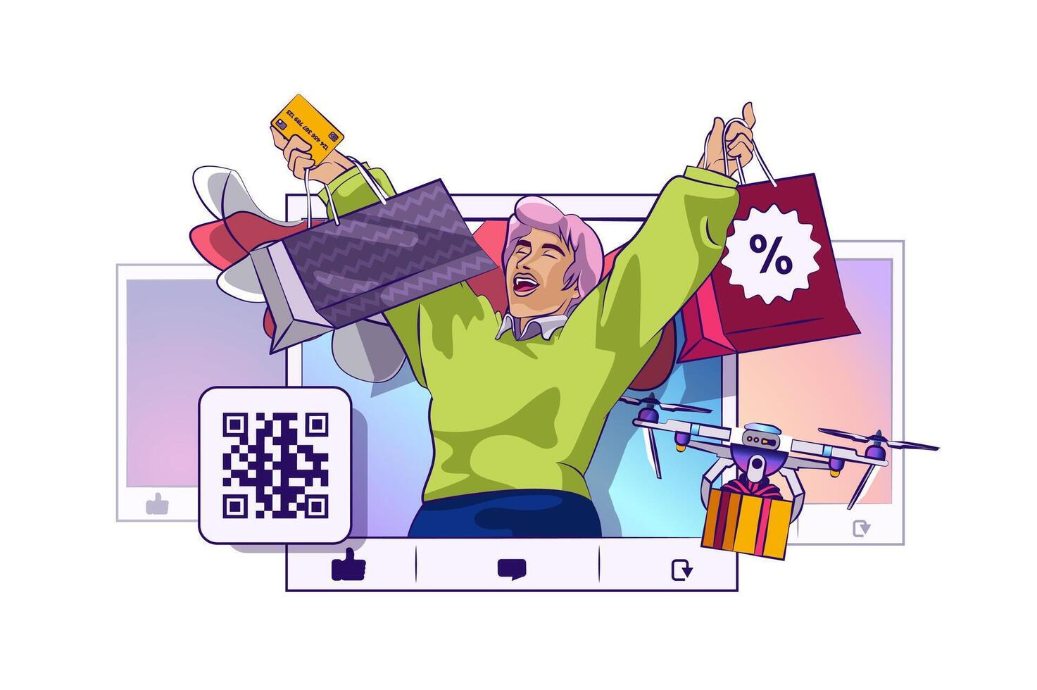 online Geschäft Konzept mit Menschen Szene im eben Karikatur Design zum Netz. glücklich Frau mit Taschen Herstellung Schnäppchen Einkäufe im Internet speichern. Vektor Illustration zum Sozial Medien Banner, Marketing Material.