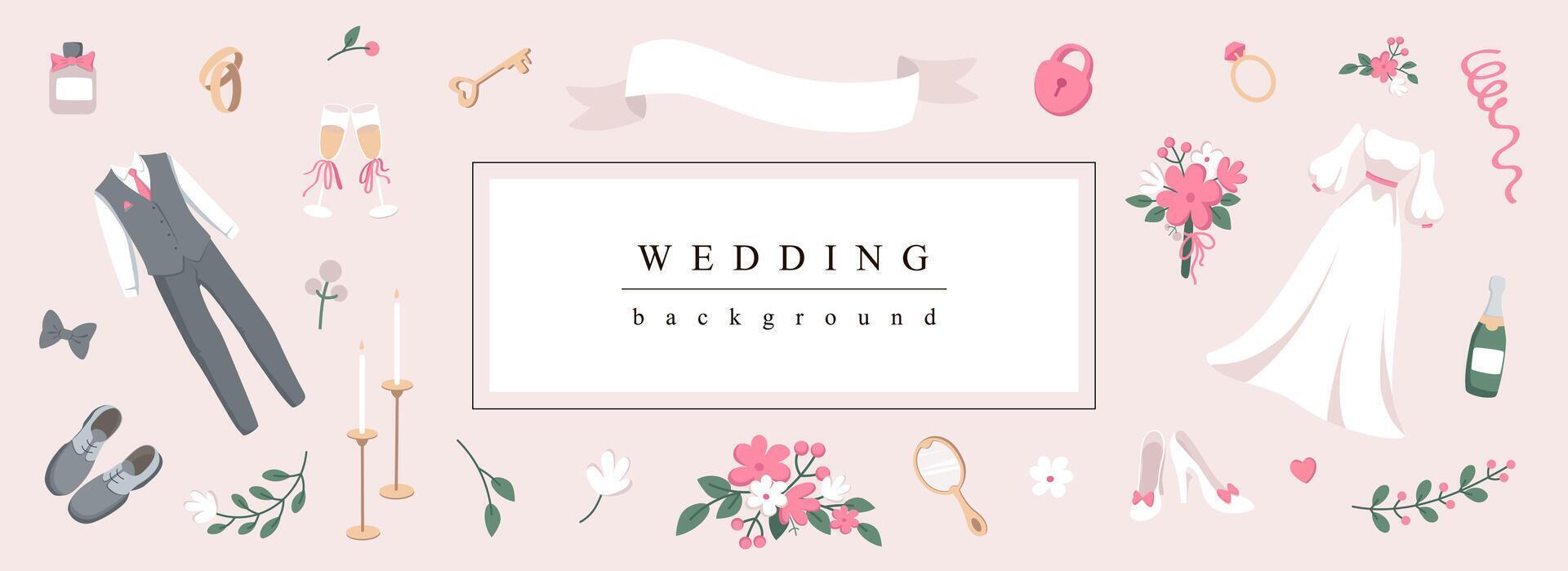 bröllop horisontell webb baner. elegant äktenskap inbjudan med blommor, brudgum kostym, brud klänning, krans, nyckel, Övrig symbol. vektor illustration för rubrik hemsida, omslag mallar i modern design
