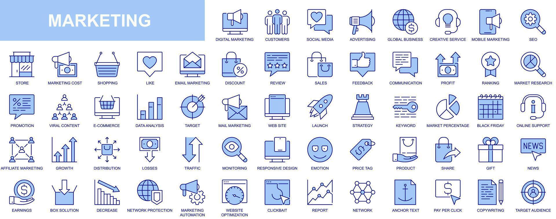 marknadsföring webb ikoner uppsättning i blå linje design. packa av social media, reklam, global företag, seo, viral innehåll, uppkopplad handla, recension, försäljning, respons och Övrig. vektor översikt stroke piktogram