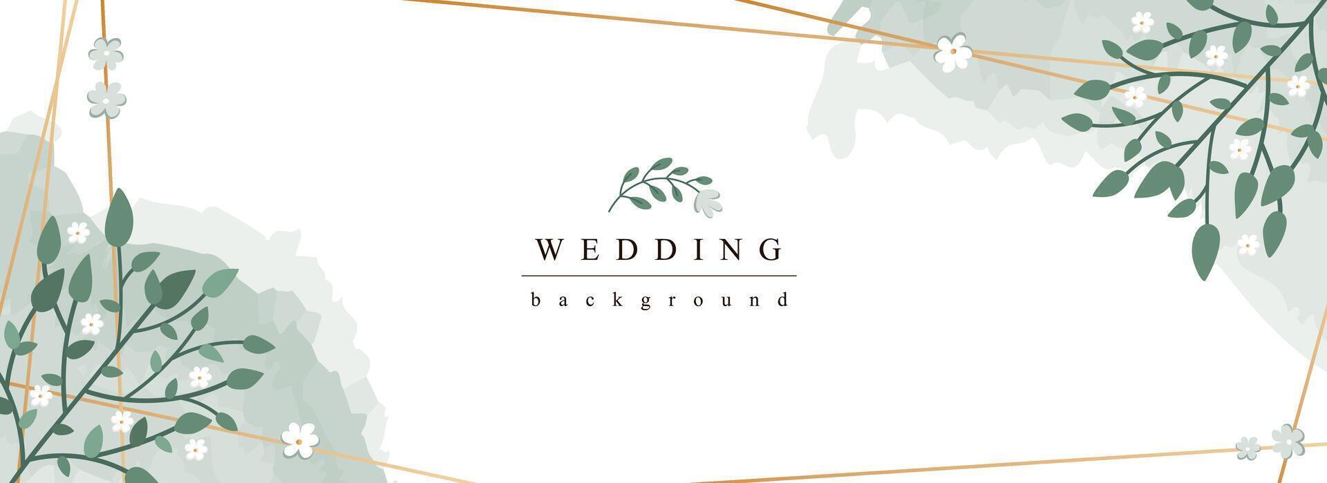 Hochzeit horizontal Netz Banner. elegant Ehe Einladung mit abstrakt Weiß Blumen mit Grün Blätter im golden Grenze. Vektor Illustration zum Header Webseite, Startseite Vorlagen im modern Design