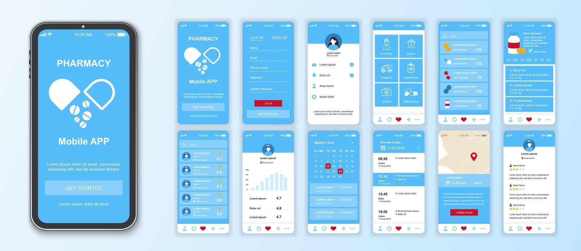 apotek mobil app gränssnitt skärmar mall uppsättning. uppkopplad konto, hitta läkare, nödsituation, möten, medicin affär beställning. packa av ui, ux, gui utrustning för Ansökan webb layout. vektor design.