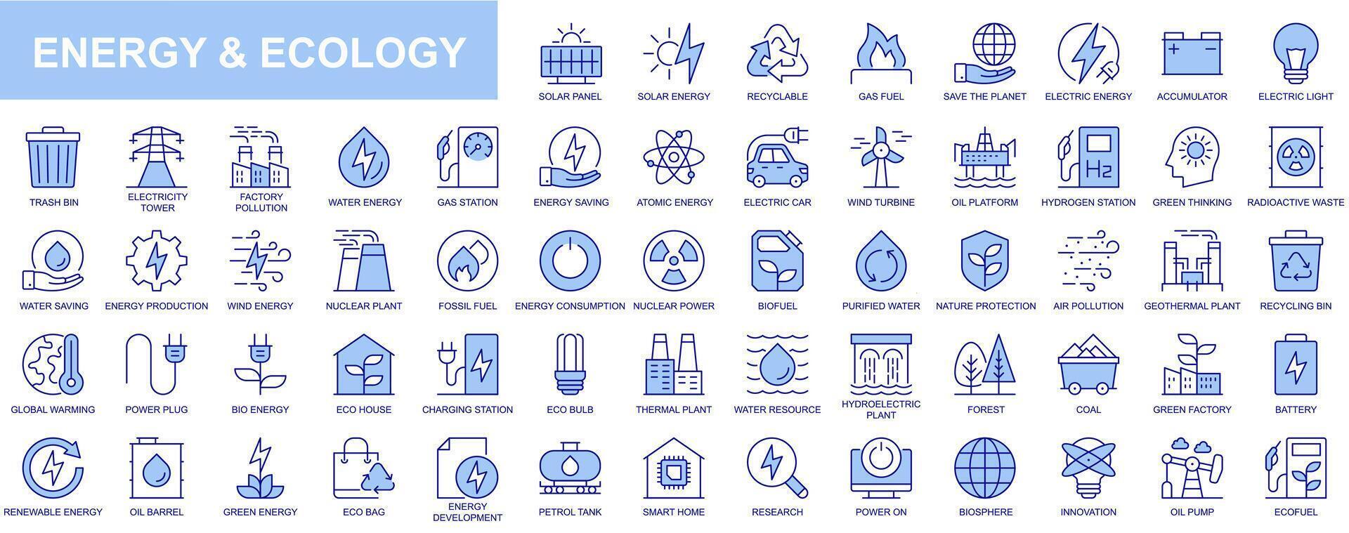 Energie und Ökologie Netz Symbole einstellen im Blau Linie Design. Pack von Solar- Tafel, recycelbar, Gas Kraftstoff, speichern Planet, Akkumulator, Müll Behälter, Fabrik Verschmutzung, Öko und andere. Vektor Gliederung Schlaganfall Piktogramme