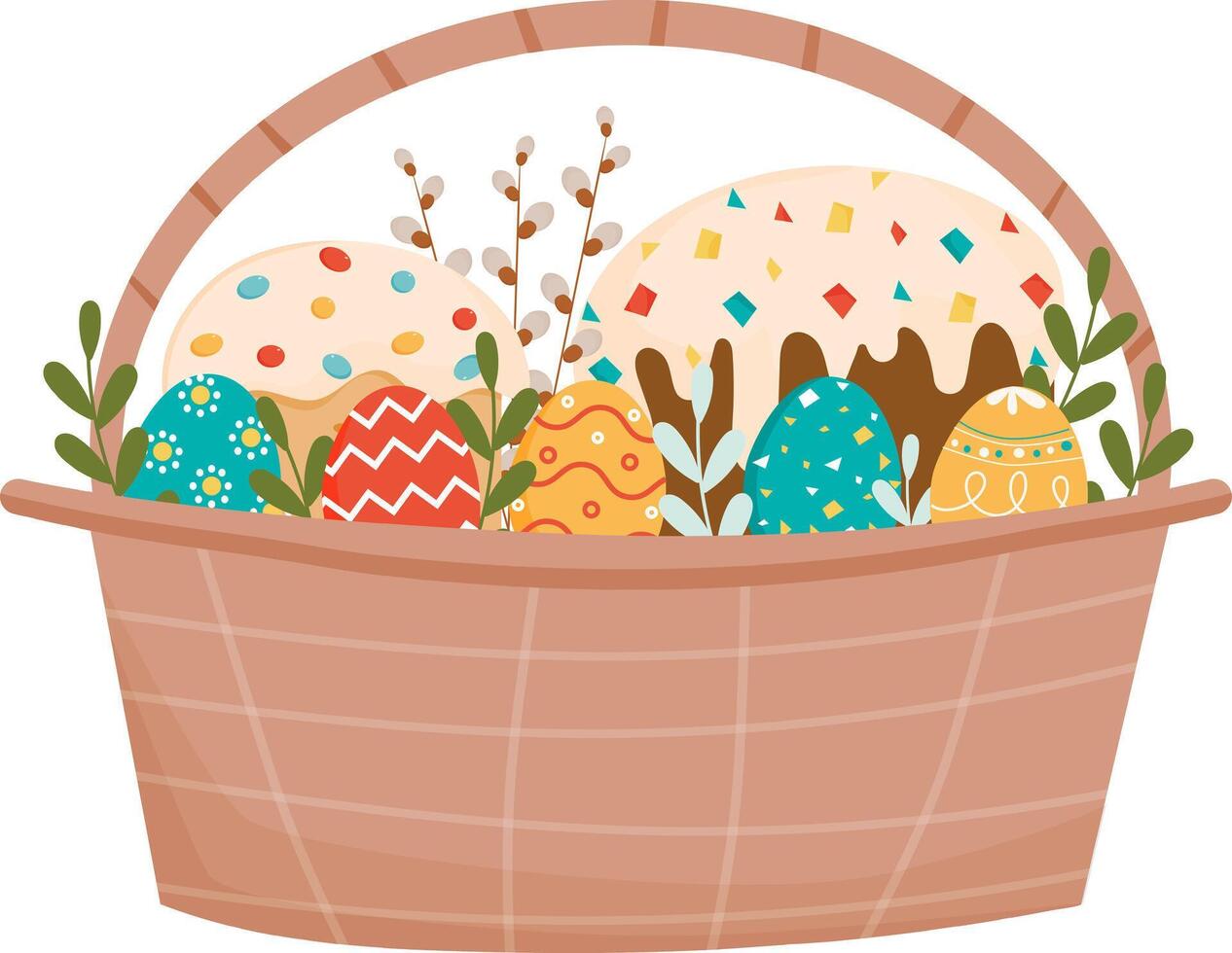 Ostern Korb mit Panettone, Eier mit Ornament, Grün Blätter und Weide Zweige. glücklich Ostern Gruß Karte. Vektor Illustration isoliert auf Weiß Hintergrund