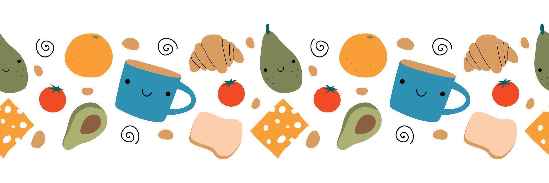 sömlös frukost gräns. söt mat, mugg, grönsaker, ost, bröd. isolerat vektor illustration för meny, bakgrund, omslag, hemsida