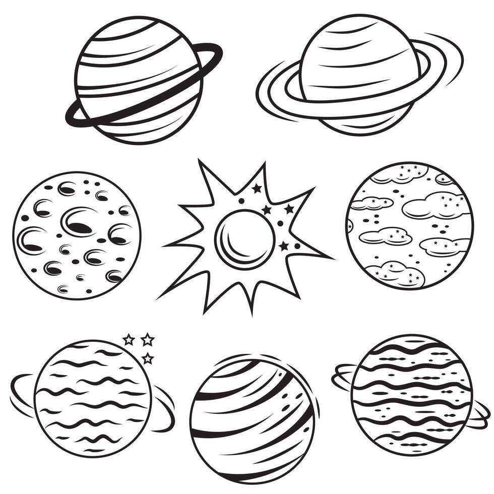 ein einstellen von Raum isoliert Symbole von Planeten, Satelliten, ufos und Raketen. Vektor Illustration