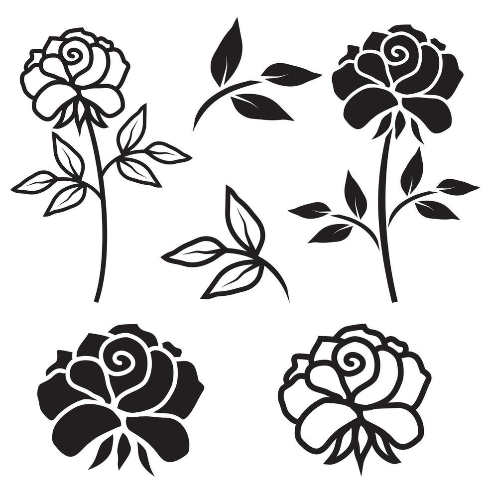 einstellen von isoliert Rose Blume, Vektor Illustration Schablone, schwarz Umriss, Färbung auf ein Weiß Hintergrund