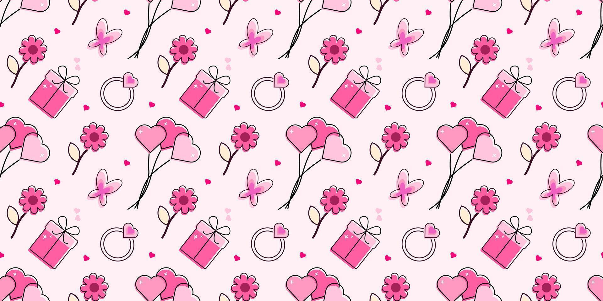 nahtlos Muster Valentinsgrüße Tag, Ankunft Baby, Vorschlag, Hochzeit, Geburtstag. Linie Stil Rosa Hintergrund. drucken zum Karte, Hintergrund, Einladung, Gruß Karte, Textil, Tapeten. Vektor Illustration.