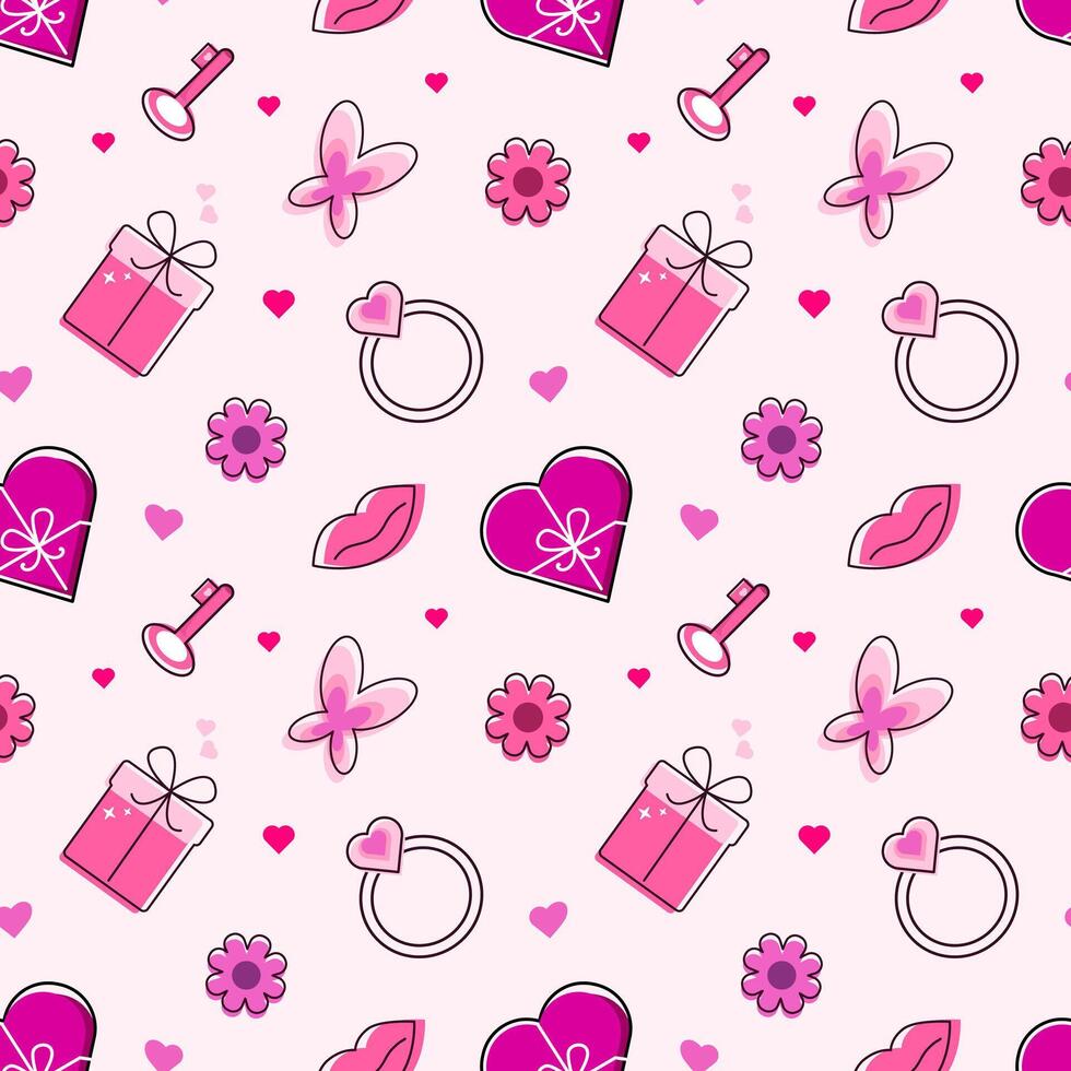 sömlös mönster valentines dag. linje konst stil på rosa bakgrund. skriva ut för kort, bakgrund, inbjudan, hälsning kort, textil, bakgrundsbilder. söt vektor illustration.
