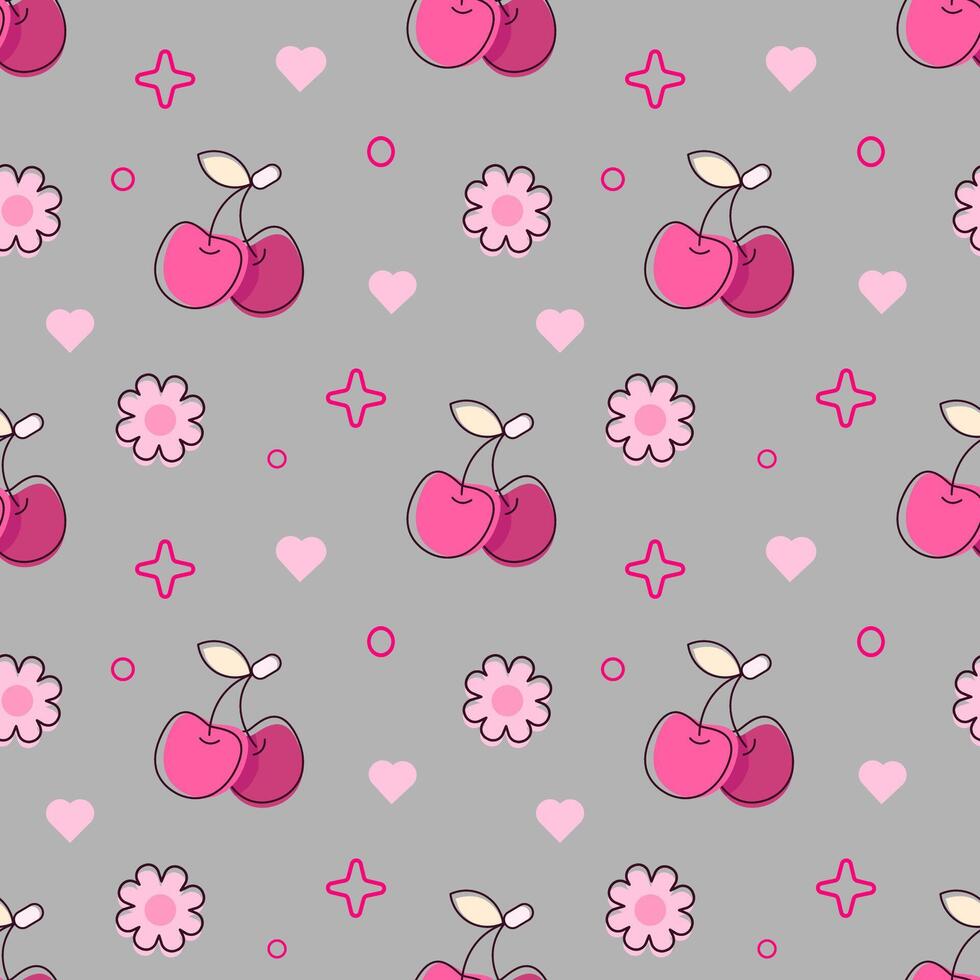söt sömlös mönster med körsbär på en gren och hjärtan bakgrund. skriva ut för barn Kläder, kort, bakgrund. vektor
