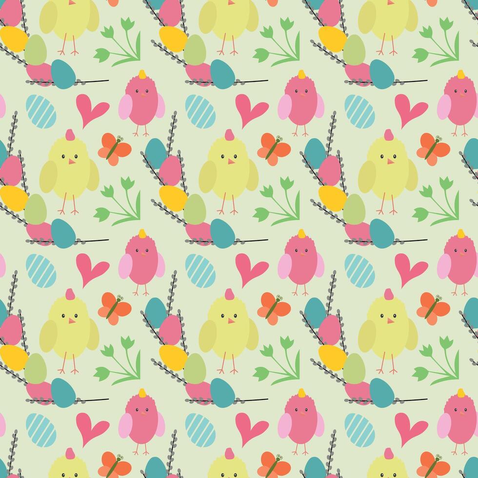 påsk sömlös mönster med vektor ikoner av ägg, kycklingar, blommor och kaniner