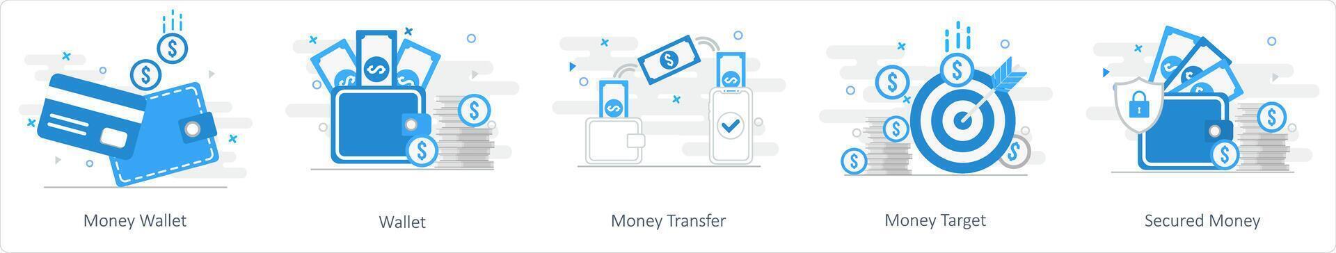 ein einstellen von 5 mischen Symbole wie Geld Geldbörse, Geldbörse, Geld Transfer vektor