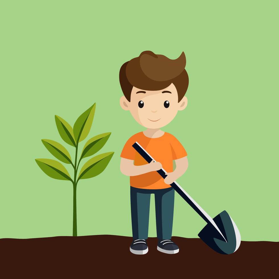 das Junge hat gerade gepflanzt ein Baum und ist Stehen mit ein Schaufel im seine Hände vektor