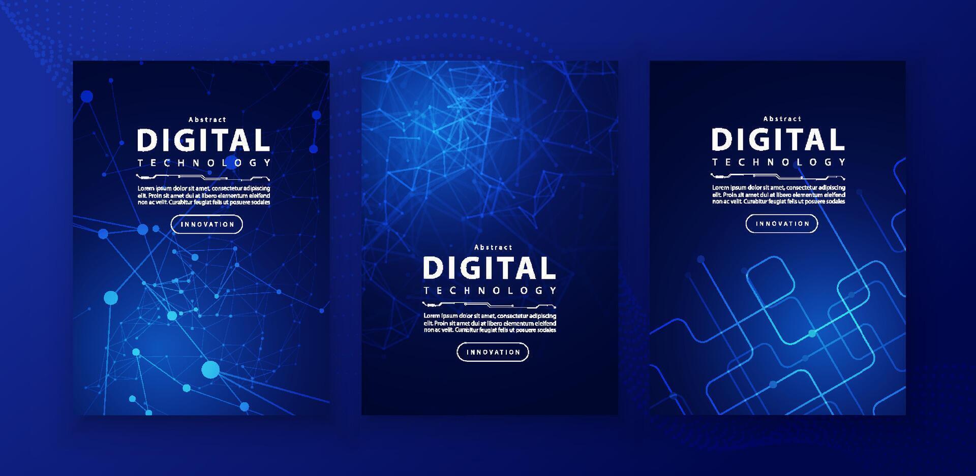 affisch broschyr omslag baner presentation layout mall, teknologi digital trogen internet nätverk förbindelse blå bakgrund, abstrakt cyber framtida tech kommunikation, ai stor data vetenskap 3d vektor