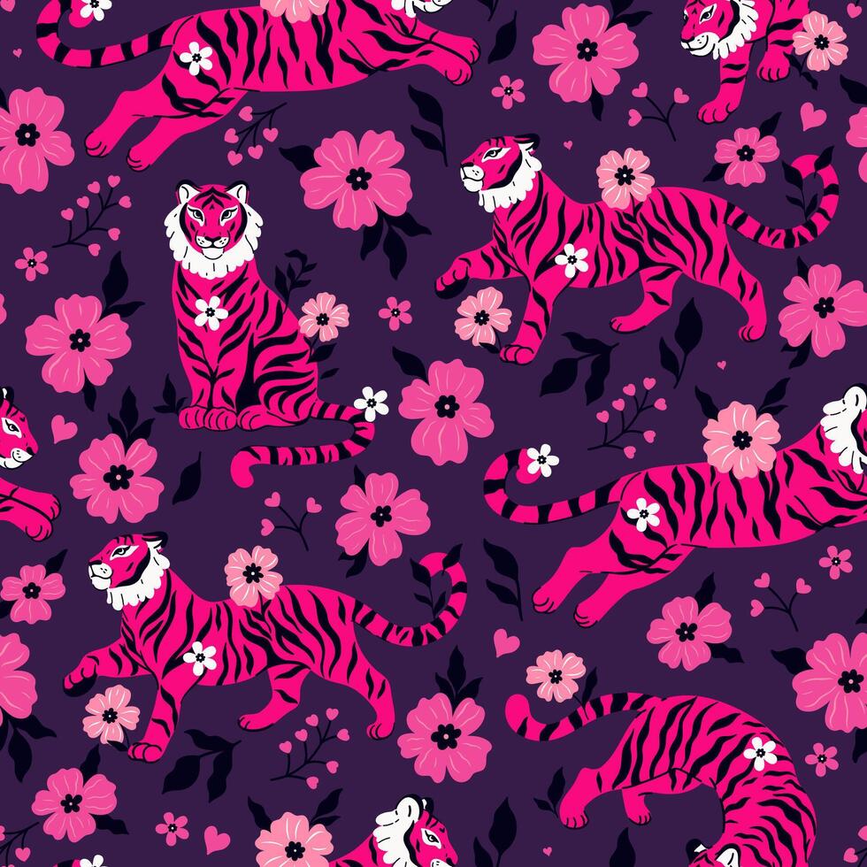 nahtlos Muster mit Blumen und Fuchsie Farben von schick anmutig Tiger. Vektor Grafik.