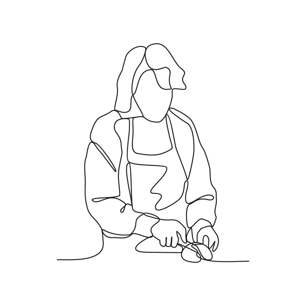 einer kontinuierlich Linie Zeichnung von Menschen mit Hauswirtschaft Arbeit Aktivität Vektor Illustration. Aufgaben eine solche wie fegen, Staubsaugen, wischen, Staubwischen, abwischen Nieder Oberflächen, und nehmen aus das Müll.