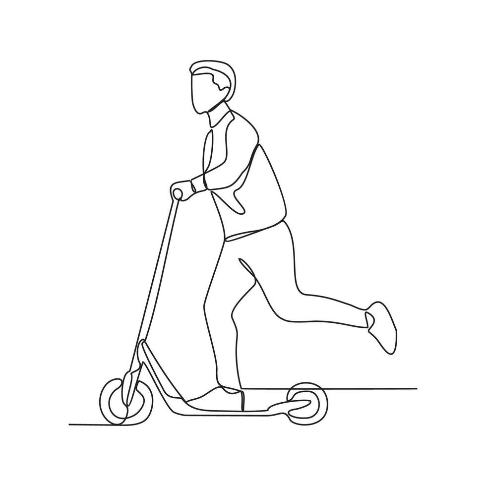 ett kontinuerlig linje teckning av de människor använder sig av skoter för gående till kontor vektor illustration. illustration skotrar är alternativ transport med enkel linjär stil vektor begrepp design.