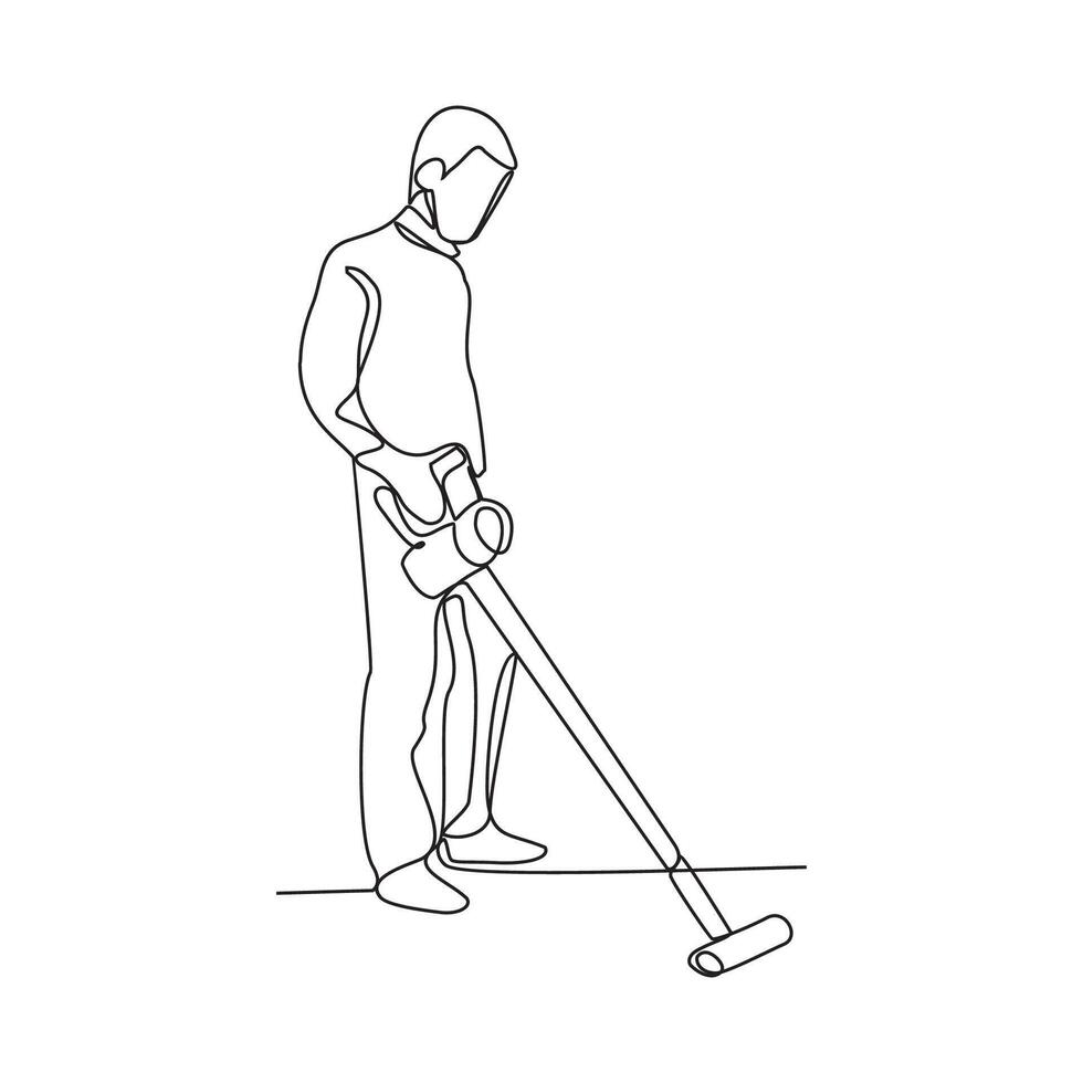 ett kontinuerlig linje teckning av människor med hushållning arbete aktivitet vektor illustration. uppgifter sådan som sotning, dammsugning, moppning, damning, avtorkning ner ytor, och tar ut de skräp.