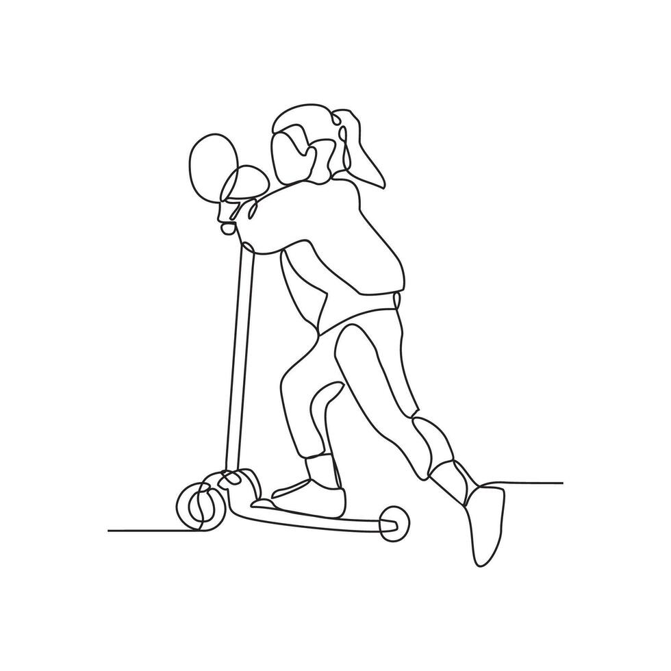 ett kontinuerlig linje teckning av de barn spelar skoter i de parkera vektor illustration. illustration skotrar är alternativ transport med enkel linjär stil vektor begrepp design.