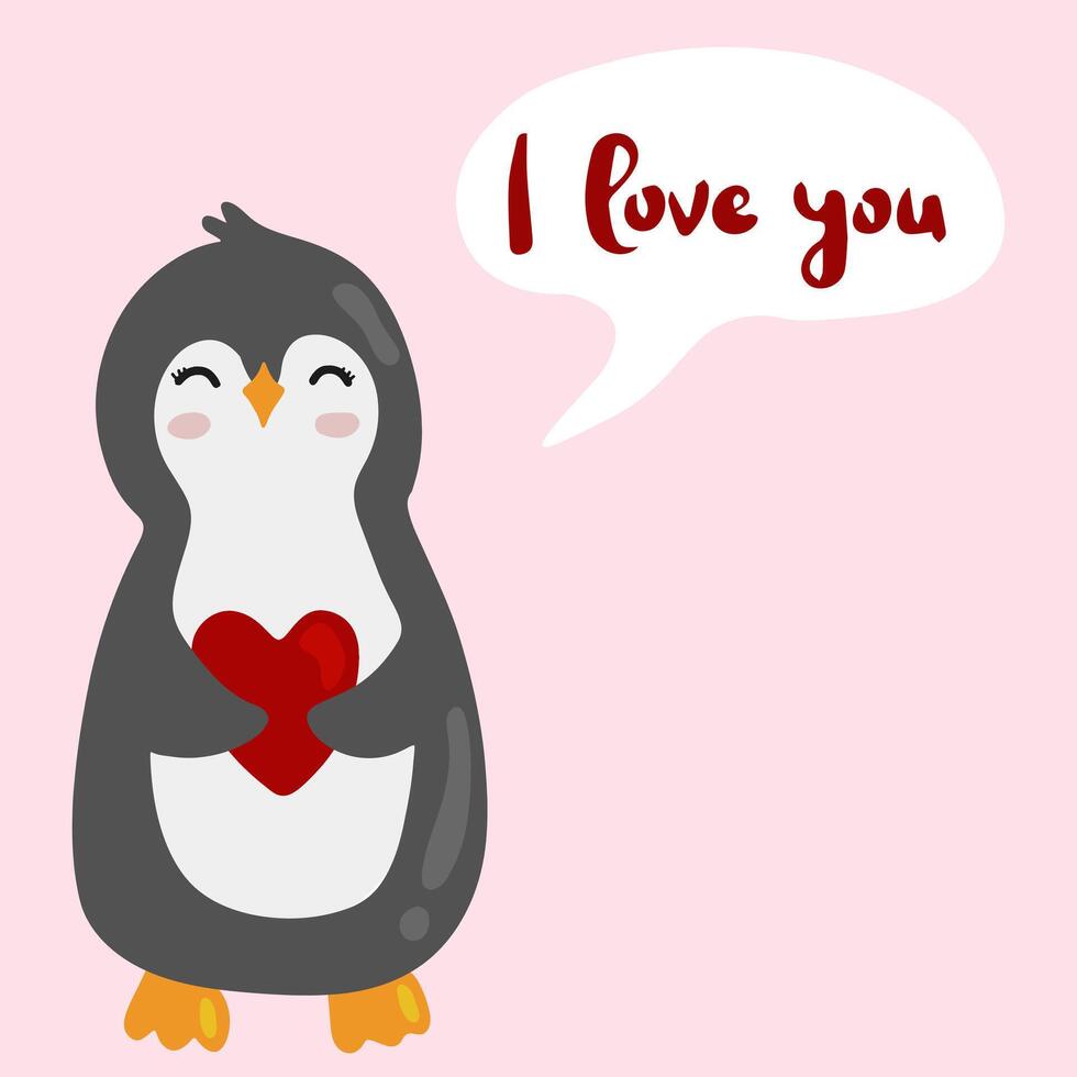 süß Karikatur Pinguin halten Herz. glücklich Valentinstag Tag Gruß Karte. Vektor Illustration.