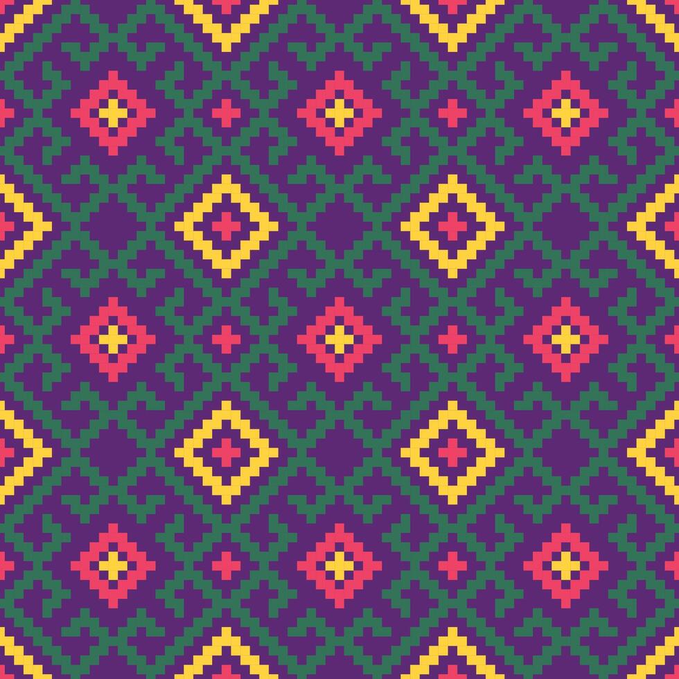 ethnisch geometrisch nahtlos Muster. Kreuzstich Motiv Boho retro Textil- Ikat Vektor Grafik Design durch Kreuz, Teppich, Textil, Dekoration, Stoff, Batik, handgefertigt, Stich, Stricken, Nadel, Quadrat, traditionell.