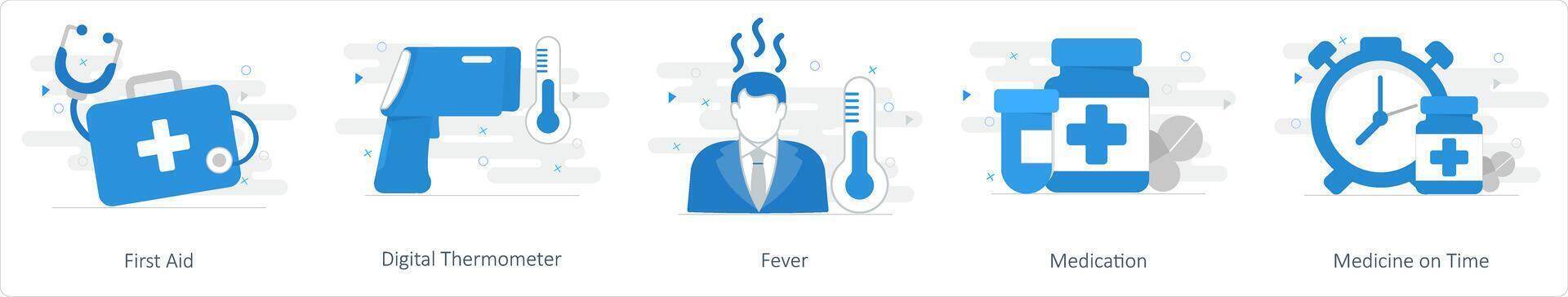 en uppsättning av 5 blanda ikoner som först hjälpa, digital termometer, feber vektor