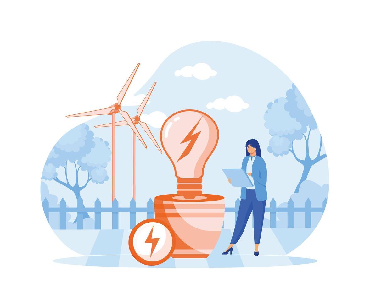 Energie Verbrauch Konzept. Frau Ziehen Sie den Stecker heraus Haushaltsgeräte und verwenden Energie Speichern Licht Birne. eben Vektor modern Illustration