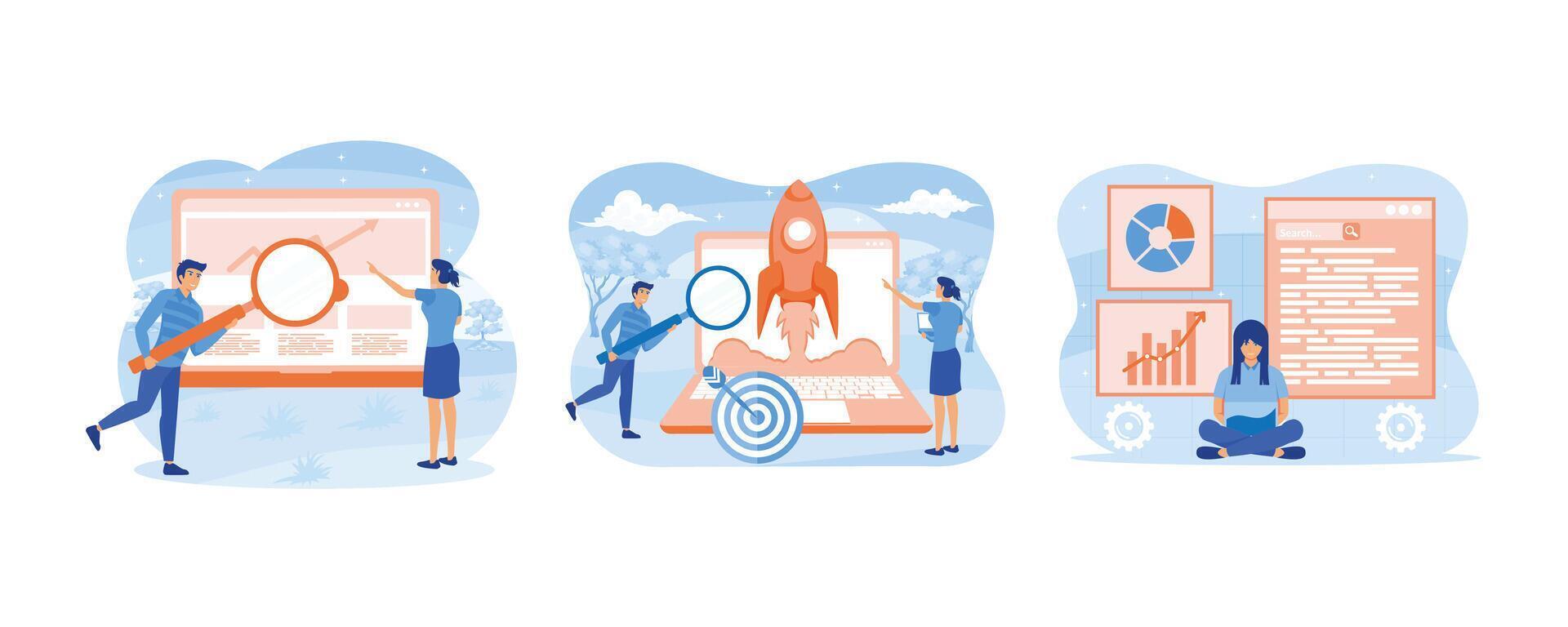 Sök motor optimering. marknadsföra forskning hemsida kodning. kvinna analytiker studier data och optimerar webbplats för populär Sök frågor. uppsättning platt vektor modern illustration