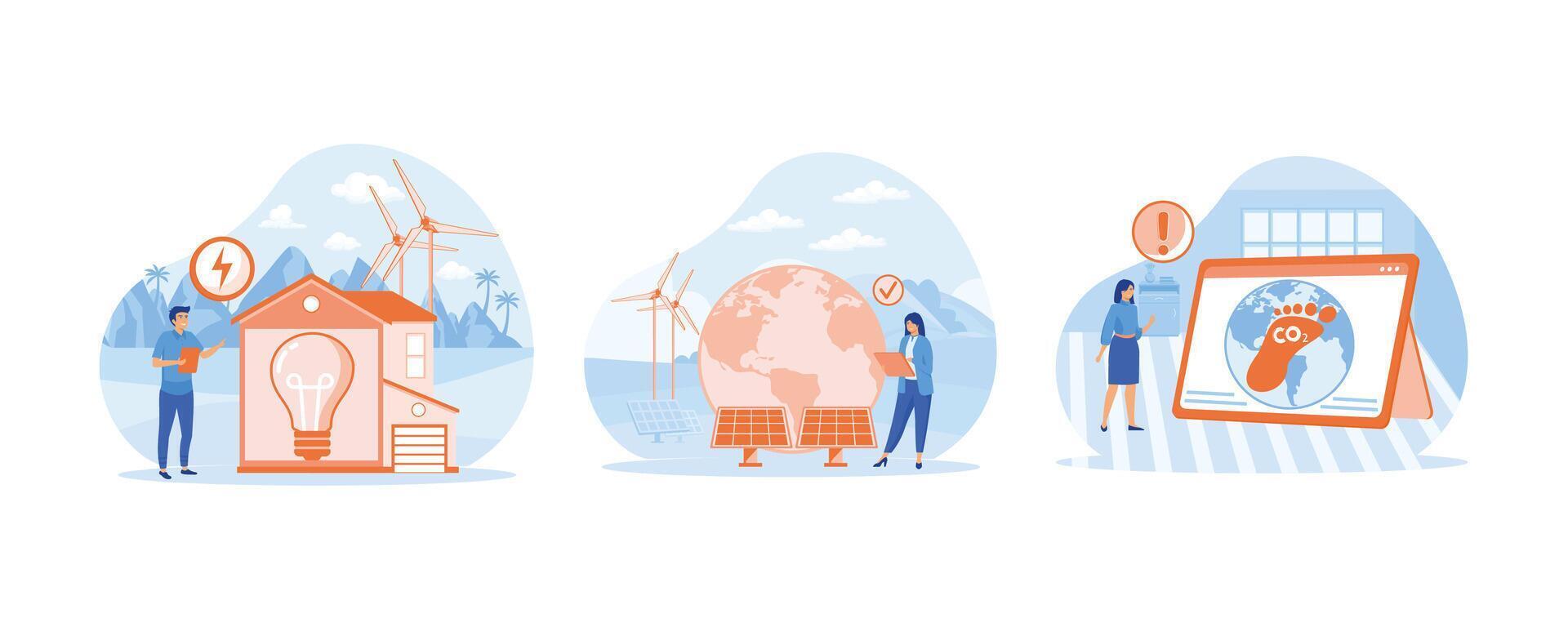 Energie Effizienz. Frau mit Grün Elektrizität, Windmühlen und Solar- Tafeln. Frau mit reduzieren Kohlenstoff Fußabdruck. einstellen eben Vektor modern Illustration