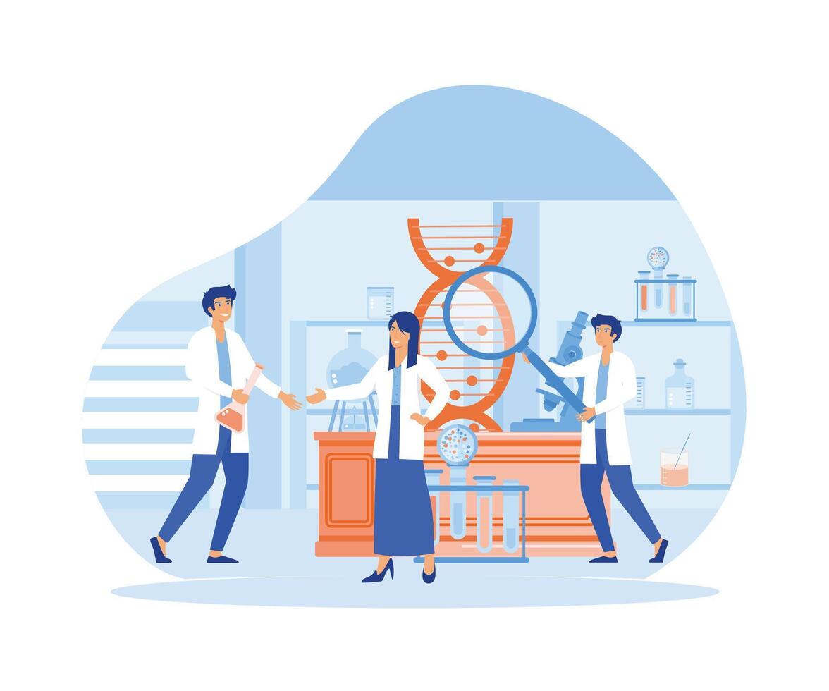 bio teknologi begrepp. biologi och kemi experiment använder sig av gen teknologi i laboratorium. platt vektor modern illustration