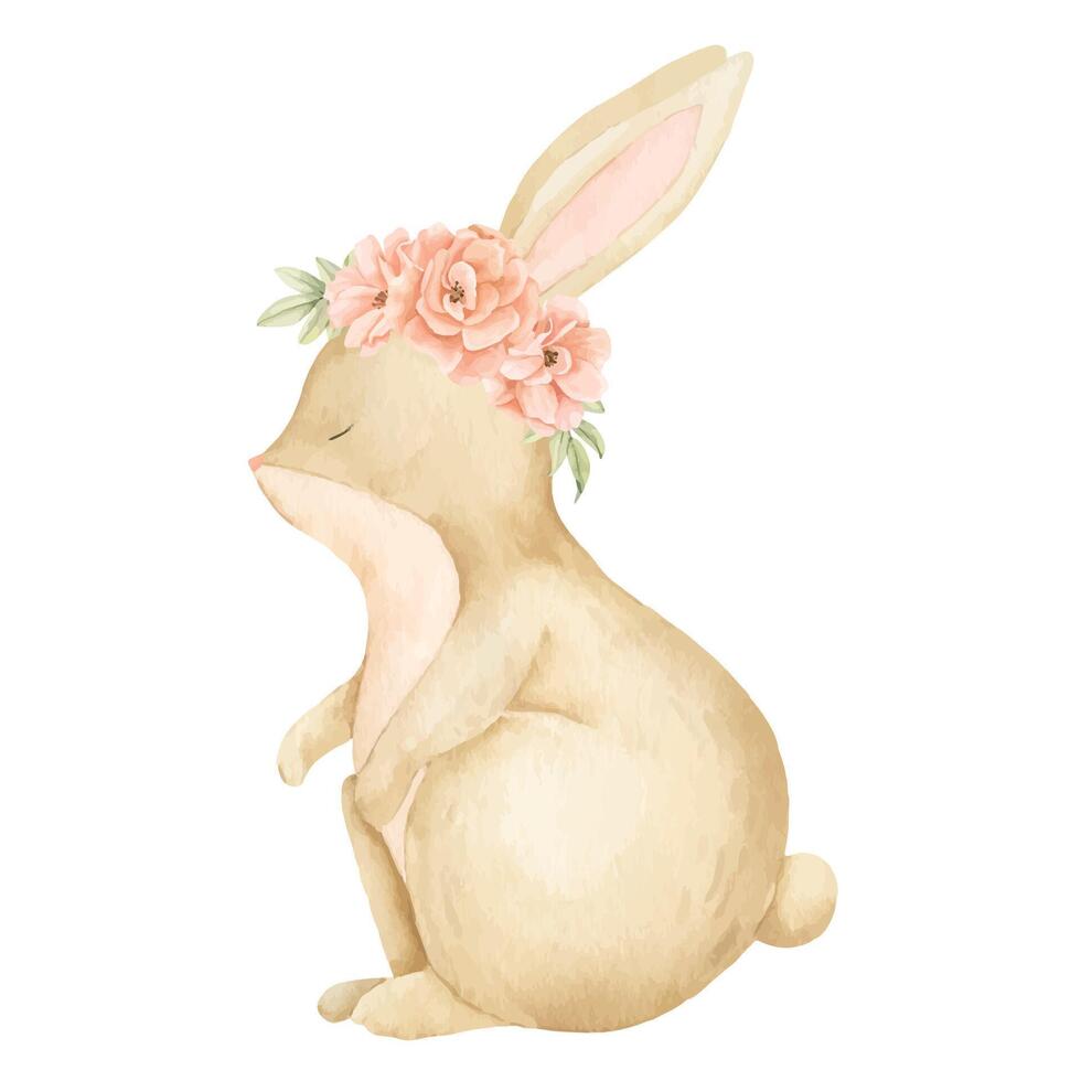 Hase mit Blumen Aquarell Illustration. Hand gezeichnet Wald Hase mit Rosen im Pastell- Farben zum Baby Dusche Gruß Karten oder kindisch Party Einladungen. Wald Hase zum Kinder. Tier zum Kindergarten vektor