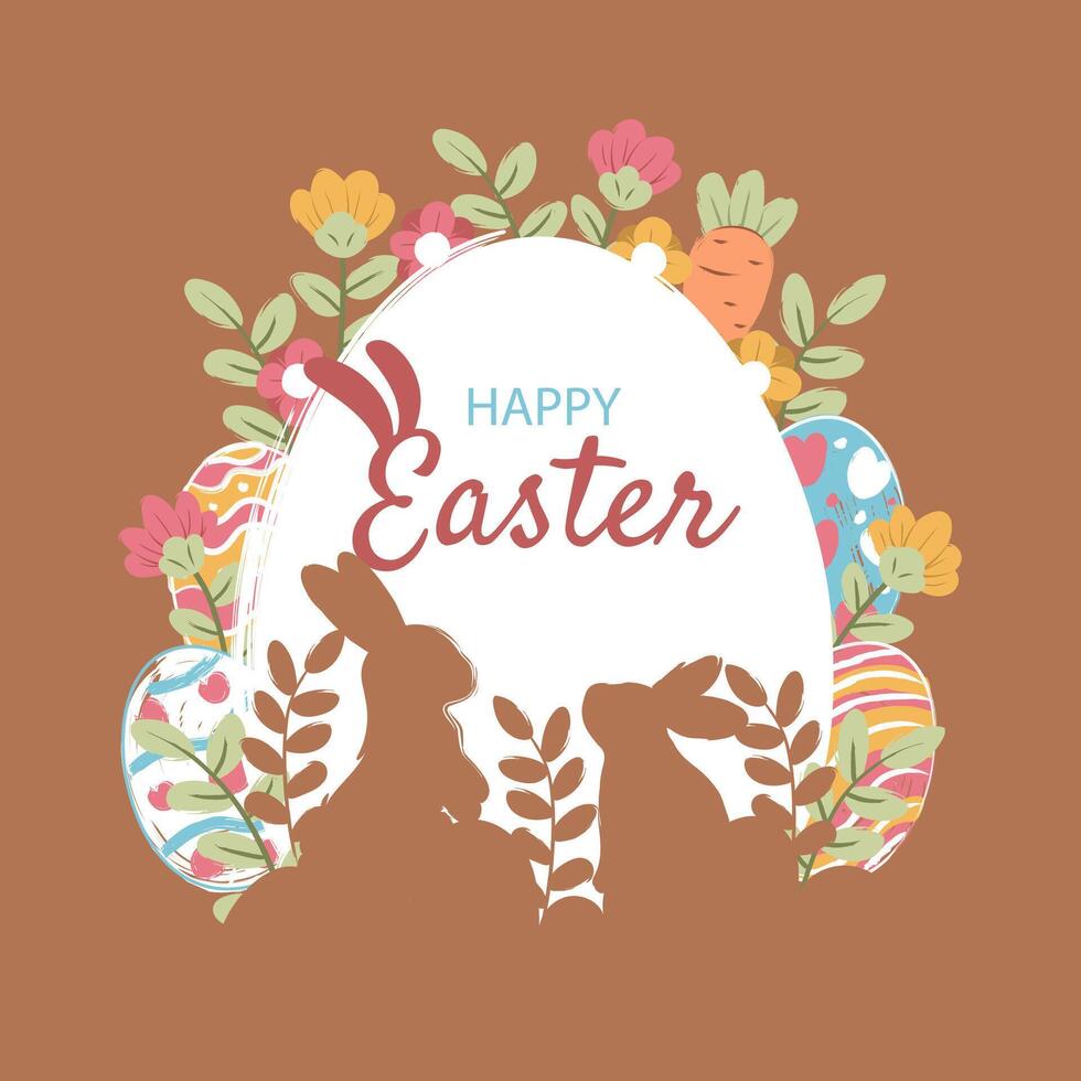 Lycklig påsk baner, affisch, hälsning kort. trendig påsk design med typografi, kaniner, blommor, ägg, i pastell färger. vattenfärg stil vektor