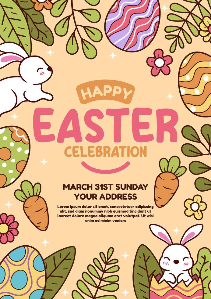 Lycklig påsk vektor mall med färgrik ägg, kanin, och blommor