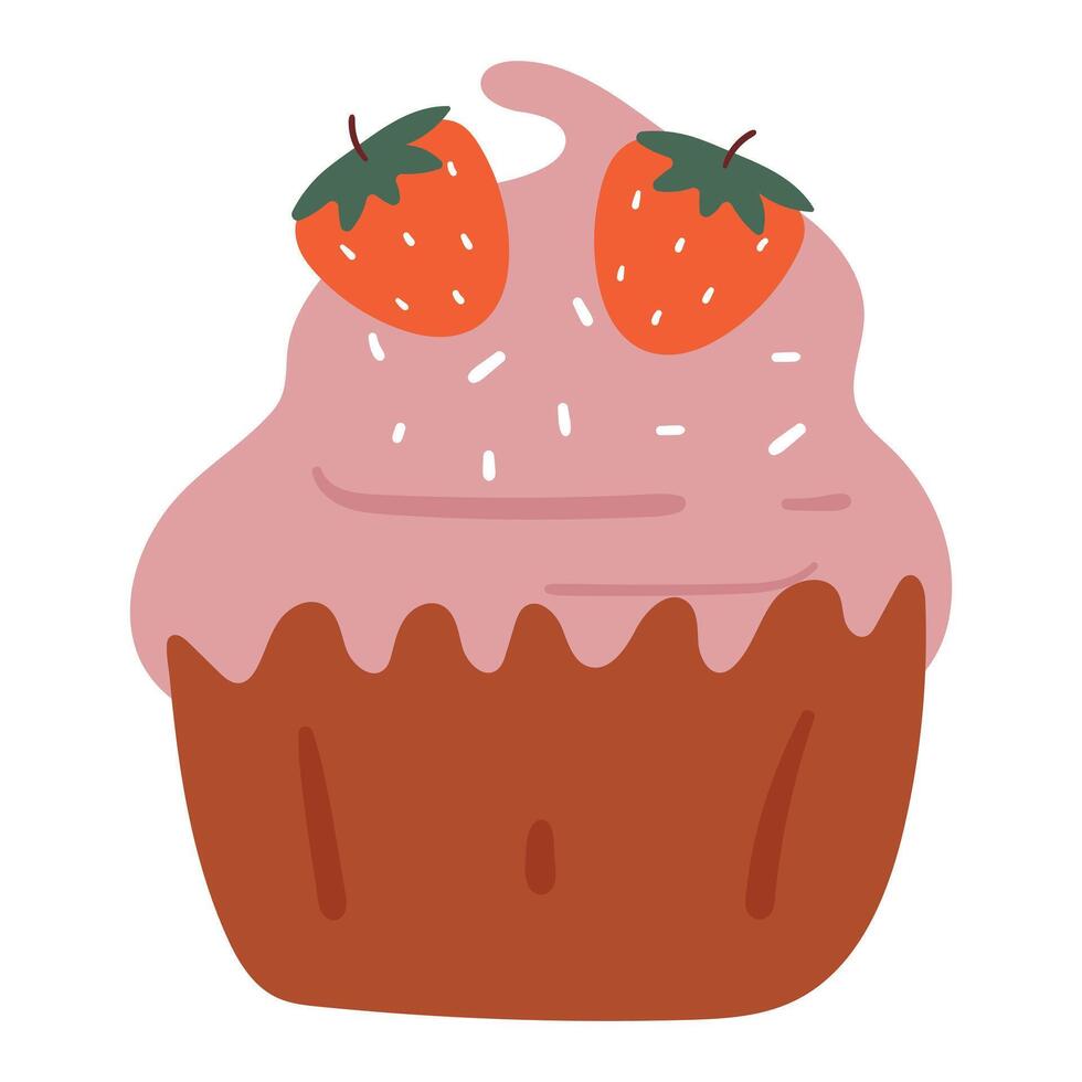 Hand Zeichnung Karikatur süß Cupcake mit Erdbeere. süß Dessert Gekritzel vektor