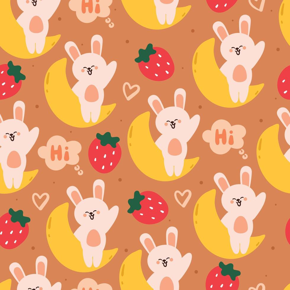 nahtlos Muster Karikatur Hase mit Mond und Erdbeere. süß Tier Hintergrund zum Textil, Geschenk wickeln Papier vektor