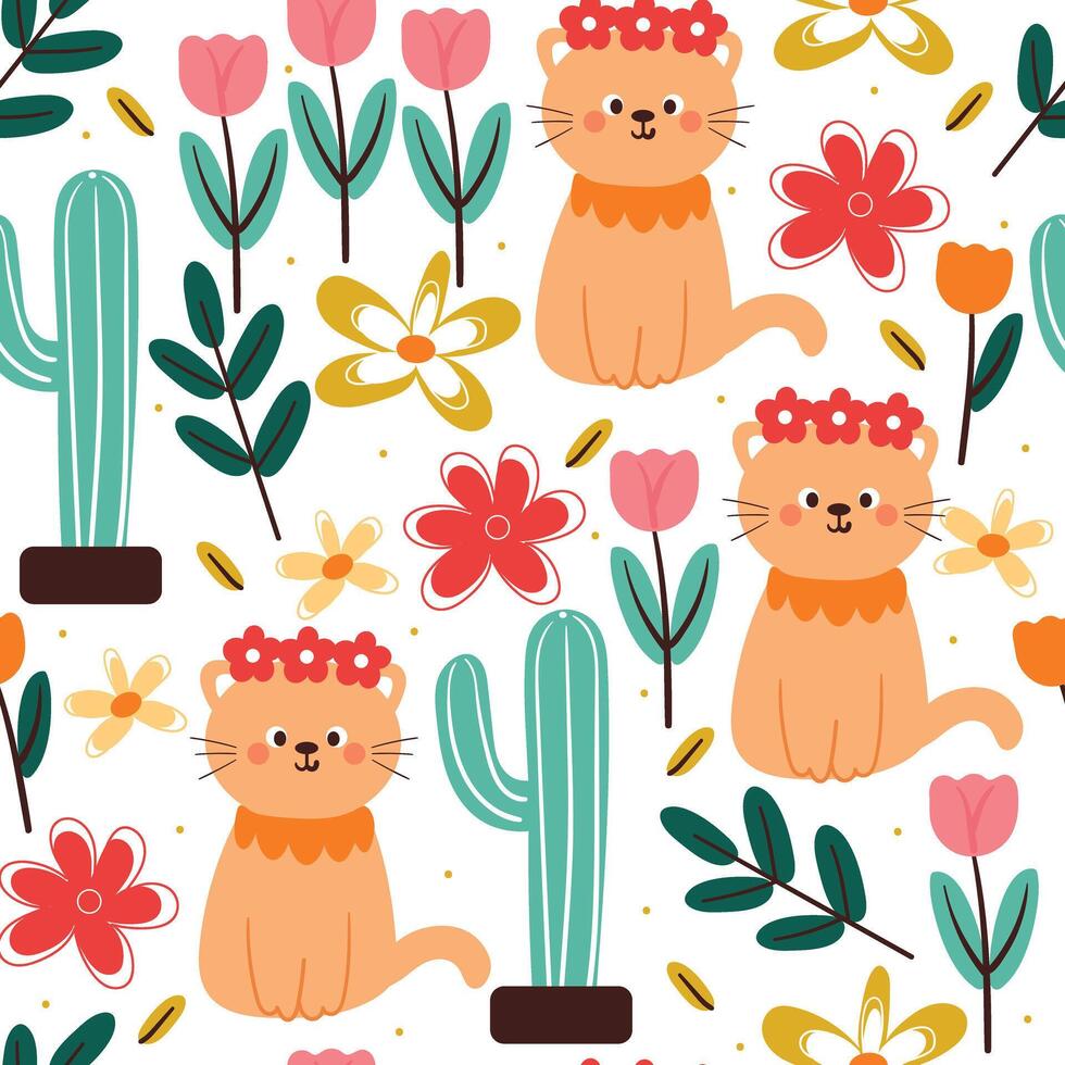 sömlös mönster tecknad serie katt och blomma och växt. söt djur- tapet för textil, gåva slå in papper vektor