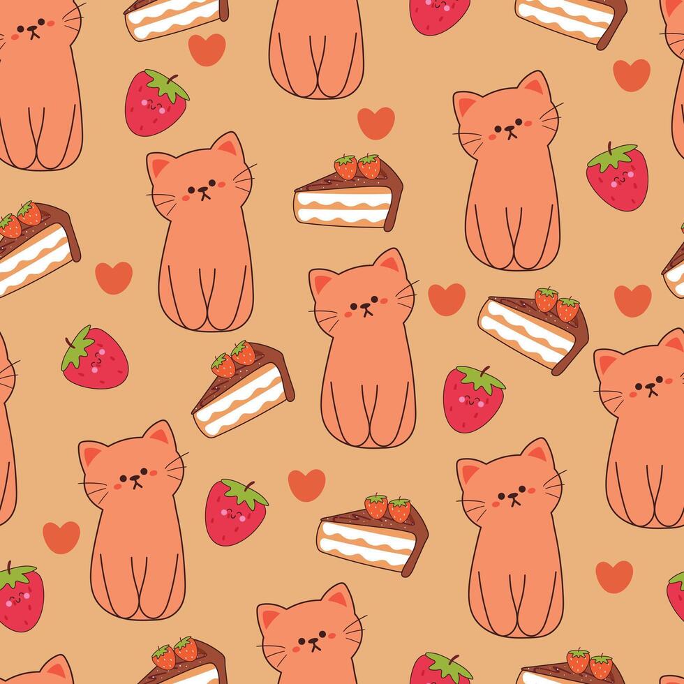 nahtlos Muster Karikatur Katze mit Dessert und Erdbeere. süß Tier Hintergrund Illustration zum Geschenk wickeln Papier vektor