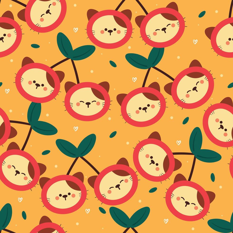 sömlös mönster tecknad serie katt med körsbär. söt djur- tapet för textil, gåva slå in papper vektor