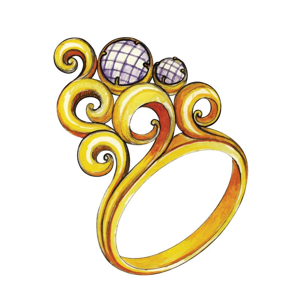 Ring Gold Schmuck Design Kunst Jahrgang einstellen mit Amethyst skizzieren durch Hand Zeichnung auf Papier. vektor